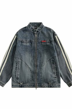 NOSAW Vintage Denim Striped Jacket - Y2K Summer, 90s Grunge, Retro Hip Hop, Pastel Goth Style