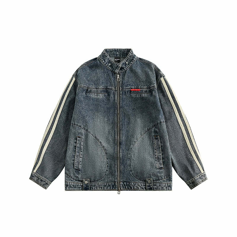 NOSAW Vintage Denim Striped Jacket - Y2K Summer, 90s Grunge, Retro Hip Hop, Pastel Goth Style