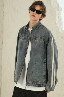 NOSAW Vintage Denim Striped Jacket - Y2K Summer, 90s Grunge, Retro Hip Hop, Pastel Goth Style