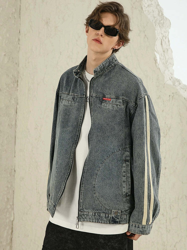 NOSAW Vintage Denim Striped Jacket - Y2K Summer, 90s Grunge, Retro Hip Hop, Y2K Club Outfit