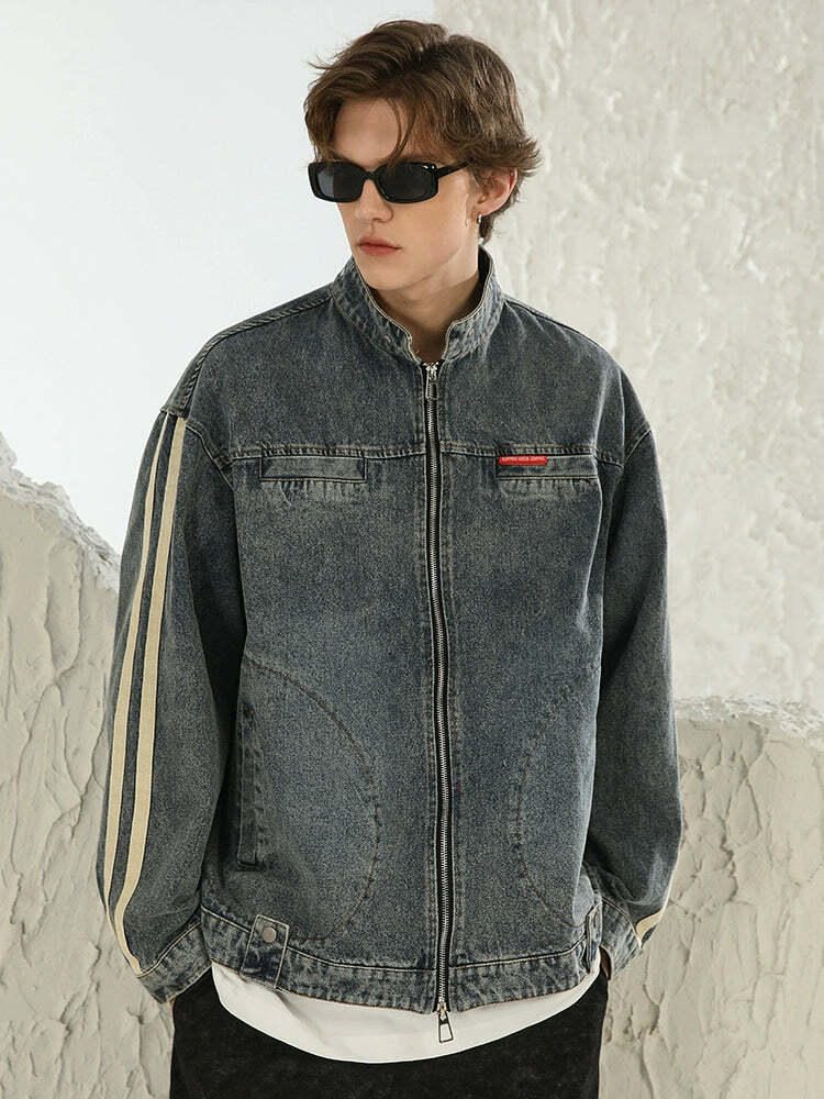 NOSAW Vintage Denim Striped Jacket - Y2K Summer, 90s Grunge, Retro Hip Hop, Y2K Club Outfit