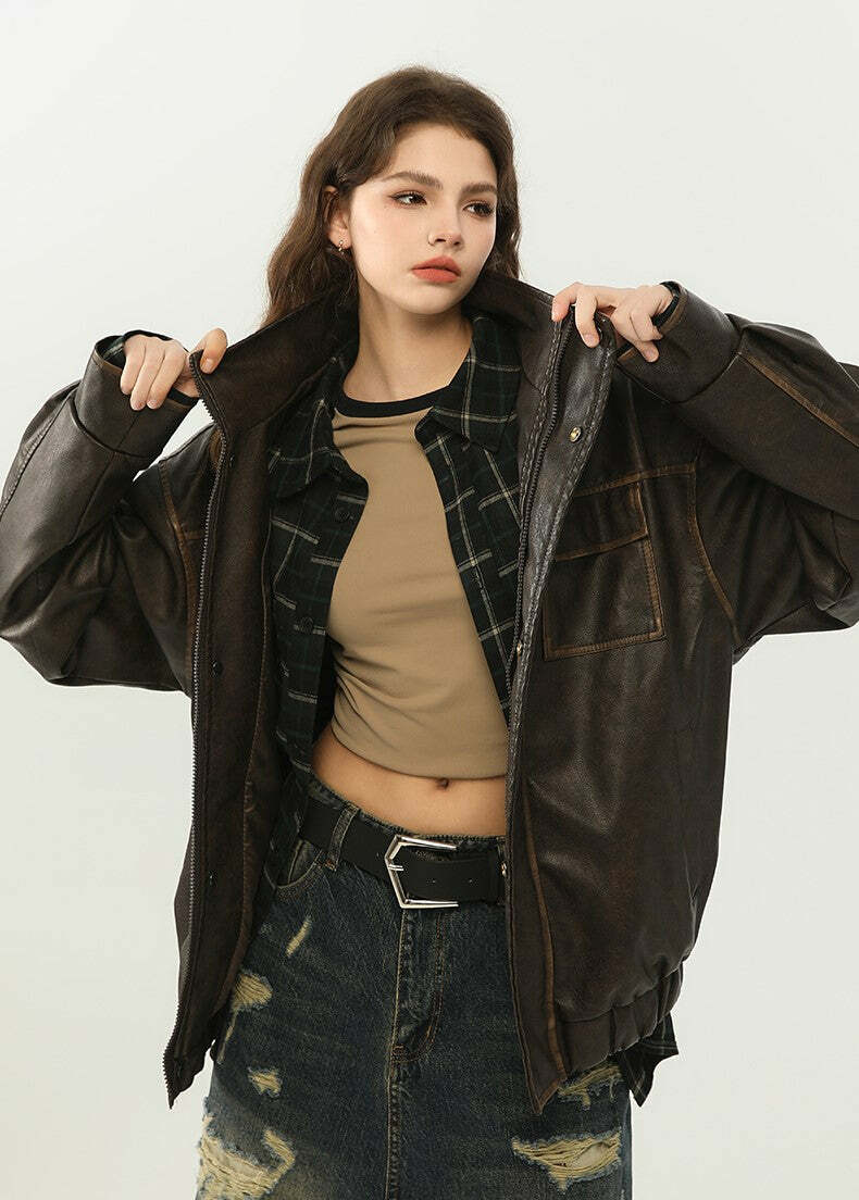NOSAW Y2K Grunge Contrast-Lined Vintage Jacket - 90s Fashion, Retro Style, Summer Outfits