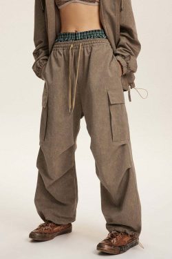 NOSAW Y2K Wide-Leg Ruched Cargo Pants - 90s Grunge, Retro, Summer, and Party Outfits