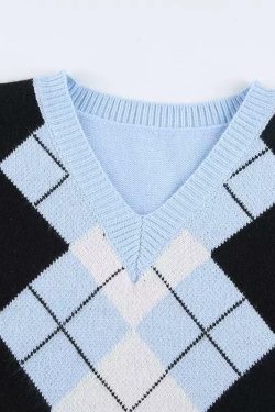 Pastel Blue Argyle Vest - Y2K Summer Outfit, 90s Fashion, Grunge, Retro Style, Y2K Popstar Look