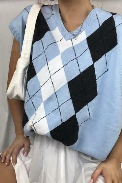 Pastel Blue Argyle Vest - Y2K Summer Outfit, 90s Fashion, Grunge, Retro Style, Y2K Popstar Look