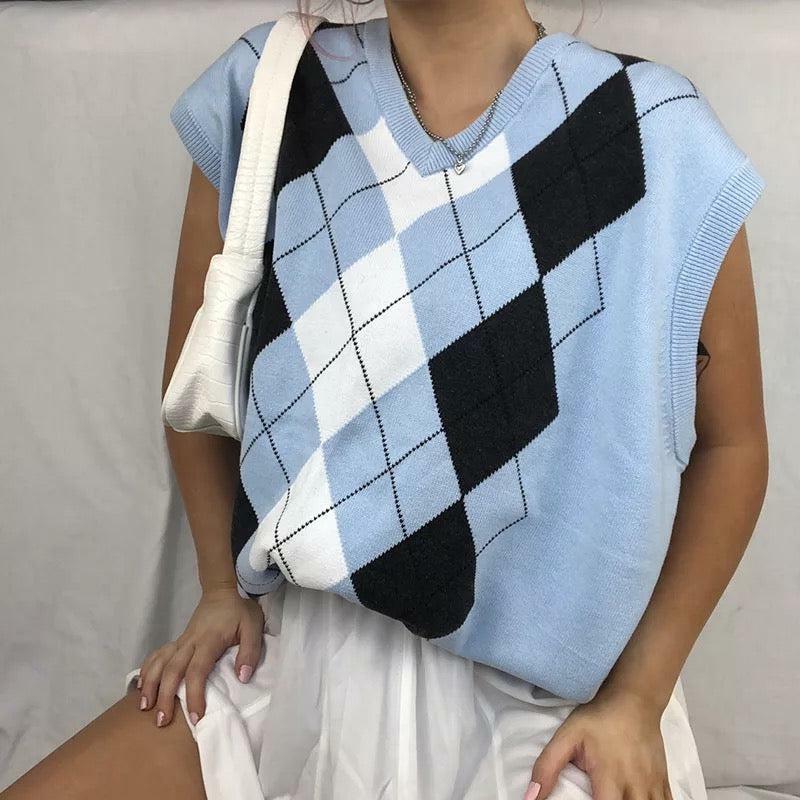 Pastel Blue Argyle Vest - Y2K Summer Outfit, 90s Fashion, Grunge, Retro Style, Y2K Popstar Look