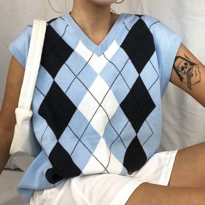 Pastel Blue Argyle Vest - Y2K Summer Outfit, 90s Fashion, Grunge, Retro Style, Y2K Popstar Look