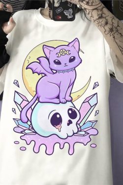 Pastel Goth Cat Skull Crystal T-Shirt - Y2K Summer, 90s Grunge, Retro, Y2K Outfits Women