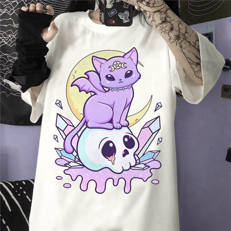 Pastel Goth Cat Skull Crystal T-Shirt - Y2K Summer, 90s Grunge, Retro, Y2K Outfits Women