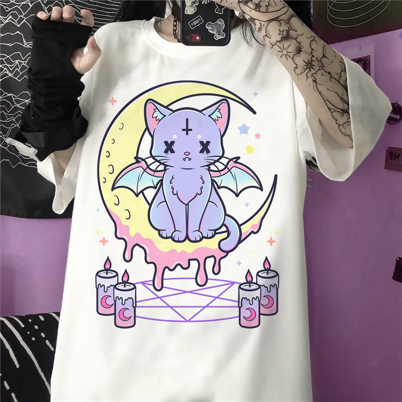 Pastel Goth Cat Wings T-Shirt - Y2K Grunge, 90s Fashion, Retro Summer Outfits