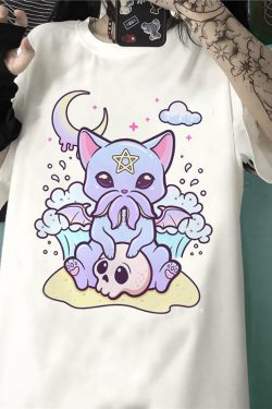 Pastel Goth Cthulhu Cat T-Shirt - Y2K Grunge, 90s Retro, Summer Outfits, Baby Tees Y