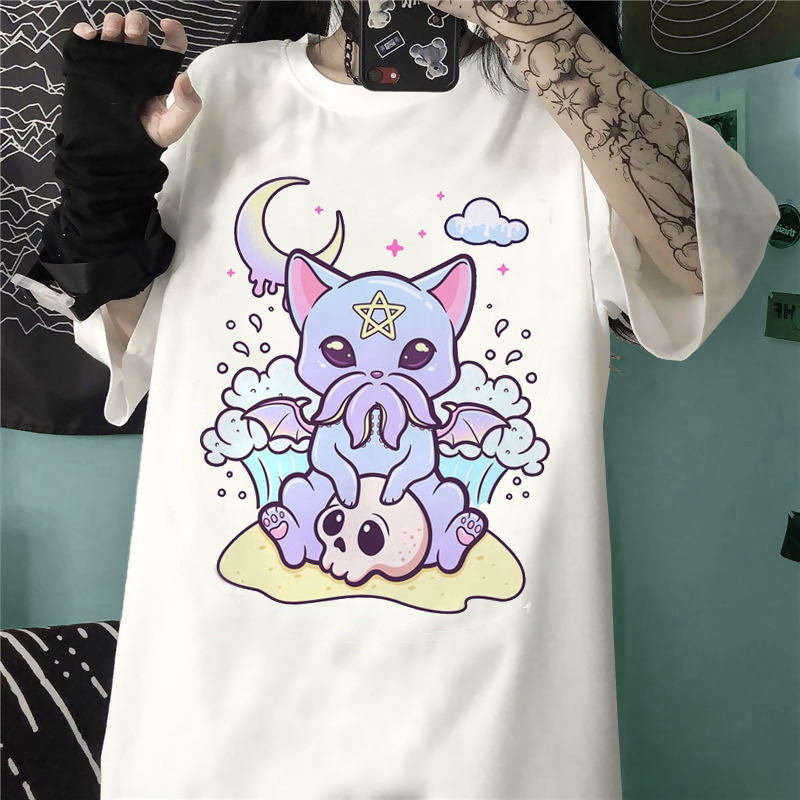 Pastel Goth Cthulhu Cat T-Shirt - Y2K Grunge, 90s Retro, Summer Outfits, Baby Tees Y