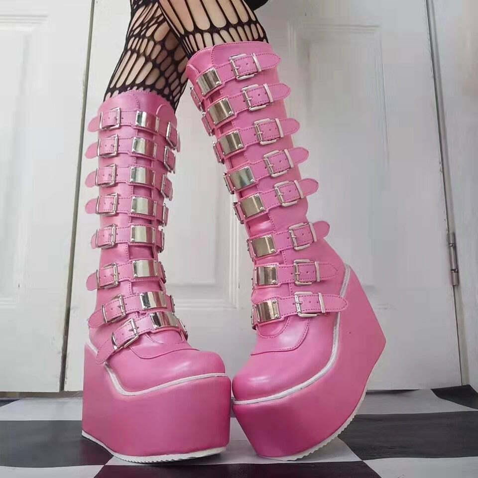 Pastel Goth Pink Platform Boots - Y2K Summer, 90s Grunge, Retro Style, Y2K Party Outfits
