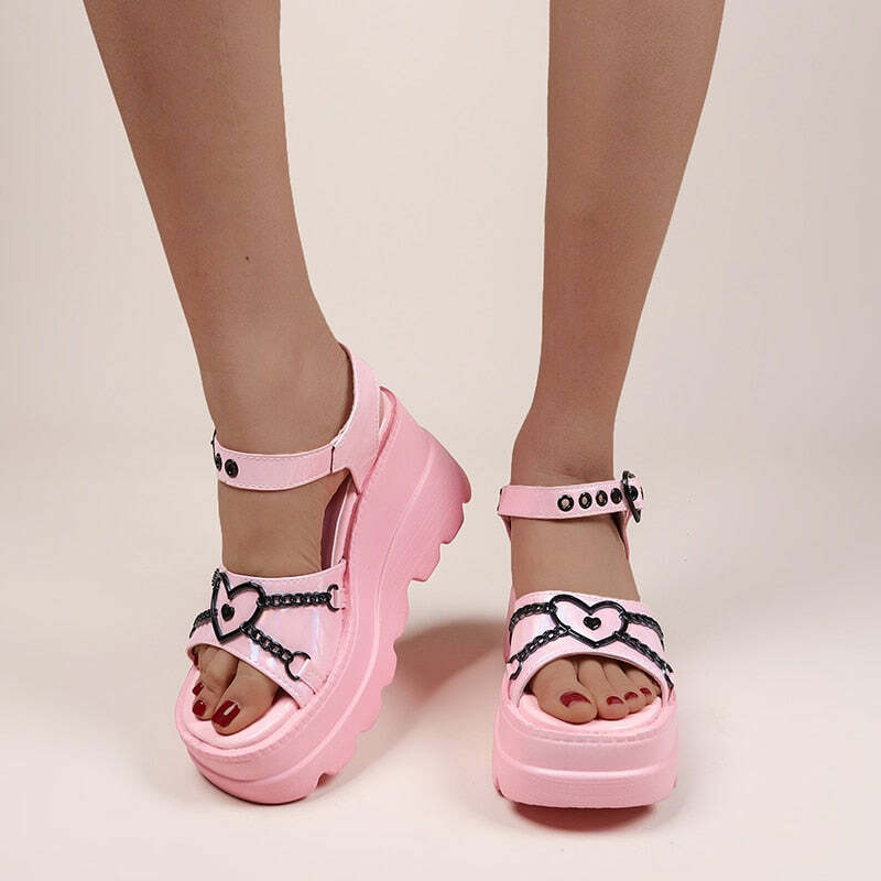 Pastel Goth Platform Sandals with Metal Chain - Y2K Grunge, 90s Retro, Summer Party Outfits