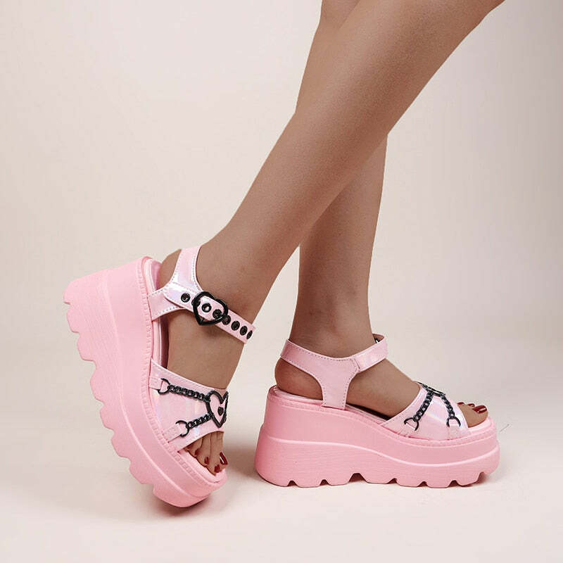Pastel Goth Platform Sandals with Metal Chain - Y2K Grunge, 90s Retro, Summer Party Outfits