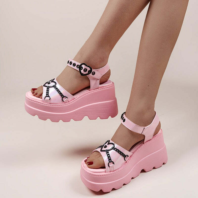 Pastel Goth Platform Sandals with Metal Chain - Y2K Grunge, 90s Retro, Summer Party Outfits