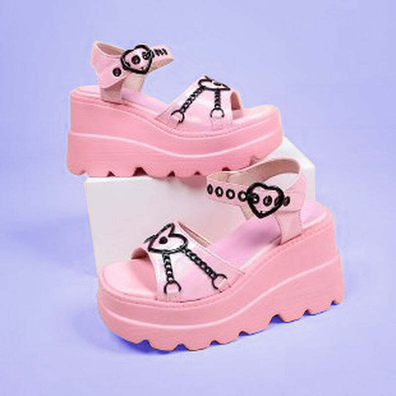Pastel Goth Platform Sandals with Metal Chain - Y2K Grunge, 90s Retro, Summer Party Outfits