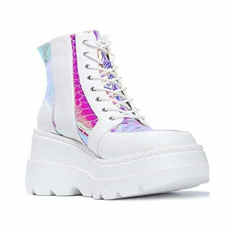 Pastel Goth White Holographic Platform Shoes - Y2K Grunge, 90s Retro, Summer Party Outfits