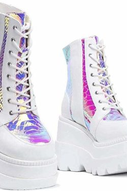 Pastel Goth White Holographic Platform Shoes - Y2K Grunge, 90s Retro, Summer Party Outfits