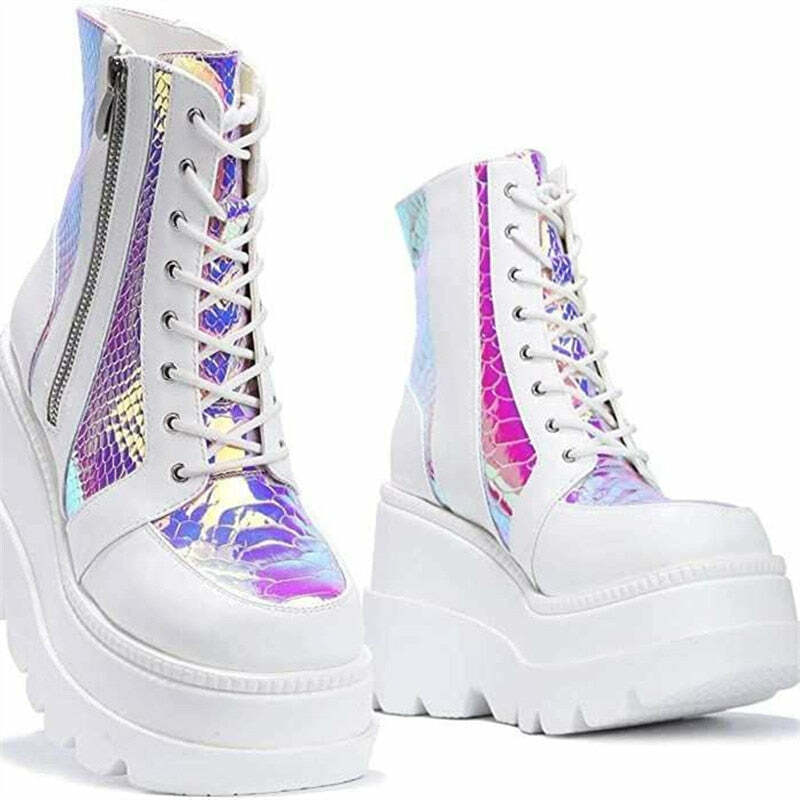 Pastel Goth White Holographic Platform Shoes - Y2K Grunge, 90s Retro, Summer Party Outfits
