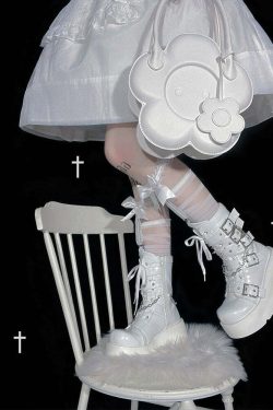 Pastel Goth White Motorcycle Boots - Y2K Grunge, 90s Fashion, Retro Style, Y2K Outfits