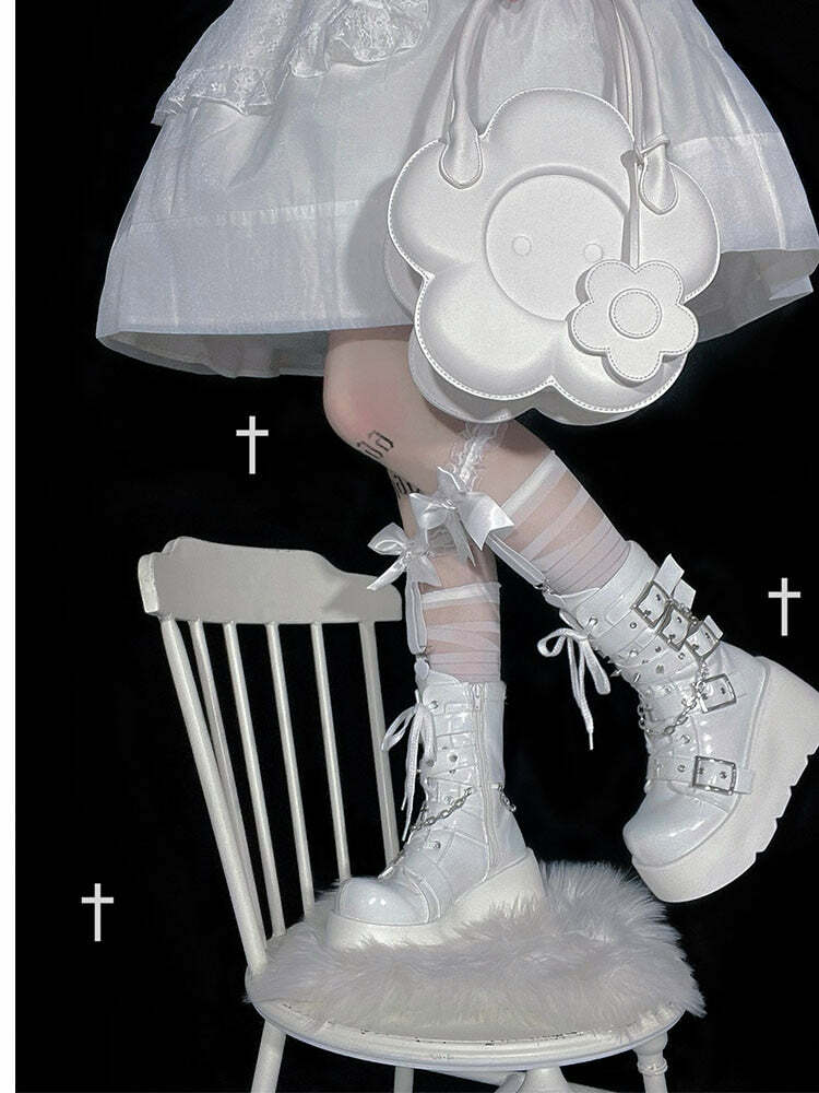 Pastel Goth White Motorcycle Boots - Y2K Grunge, 90s Fashion, Retro Style, Y2K Outfits