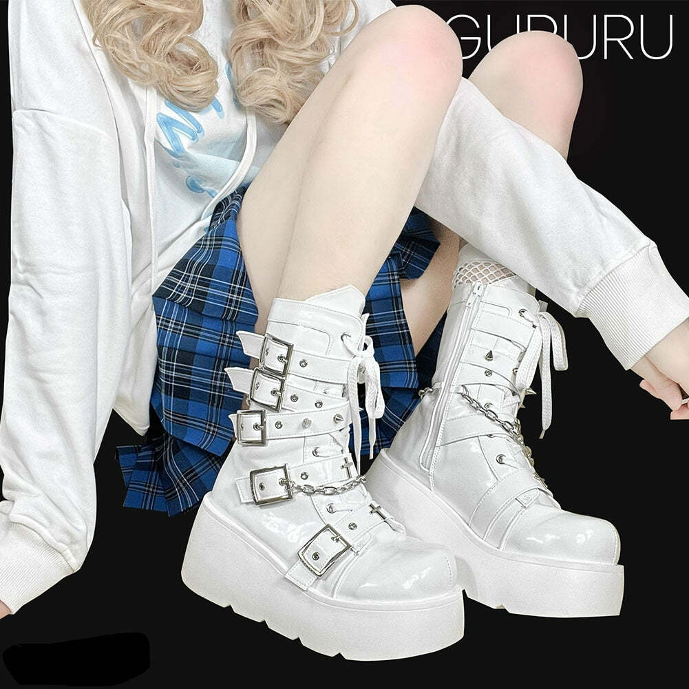 Pastel Goth White Motorcycle Boots - Y2K Grunge, 90s Fashion, Retro Style, Y2K Outfits