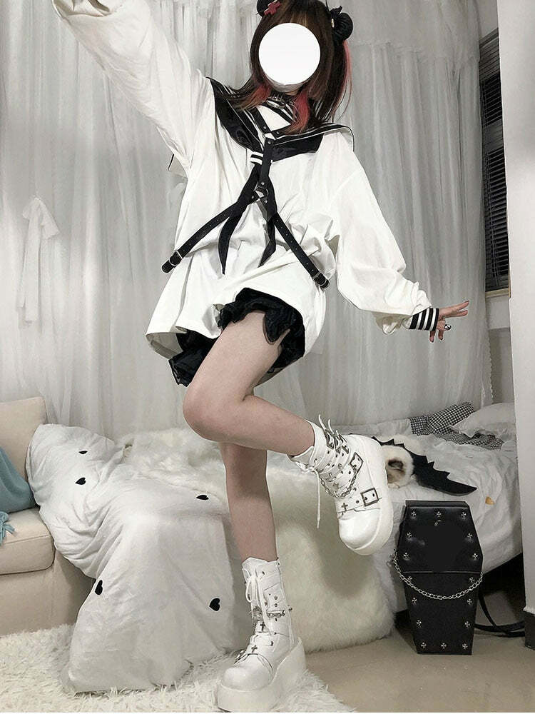 Pastel Goth White Motorcycle Boots - Y2K Grunge, 90s Fashion, Retro Style, Y2K Outfits