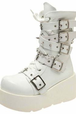 Pastel Goth White Motorcycle Boots - Y2K Grunge, 90s Fashion, Retro Style, Y2K Outfits