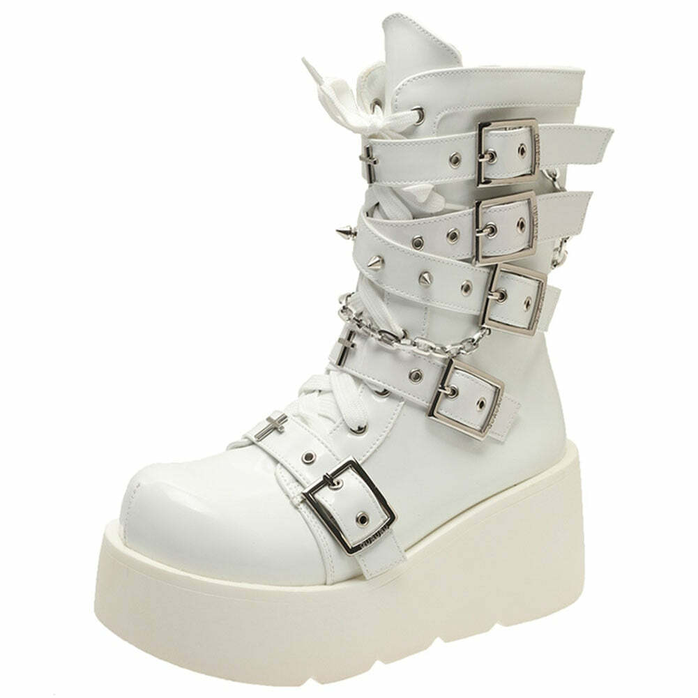 Pastel Goth White Motorcycle Boots - Y2K Grunge, 90s Fashion, Retro Style, Y2K Outfits