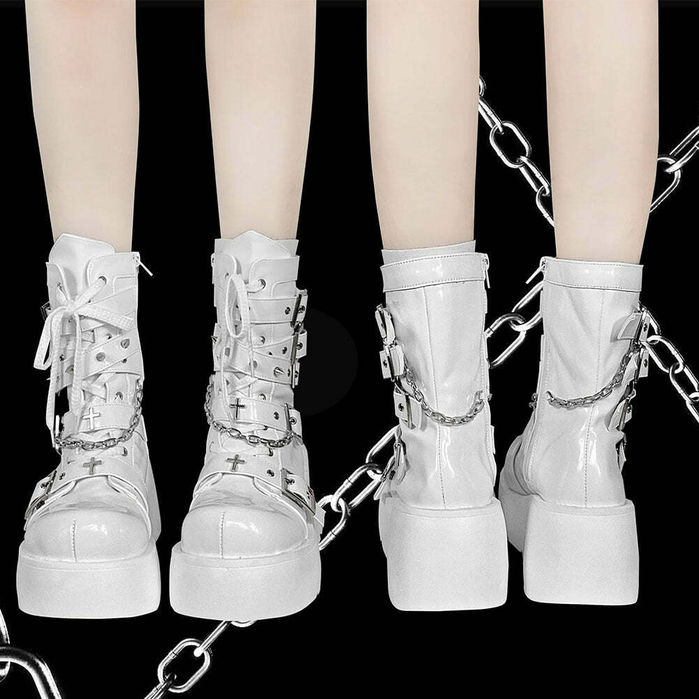Pastel Goth White Motorcycle Boots - Y2K Grunge, 90s Fashion, Retro Style, Y2K Outfits