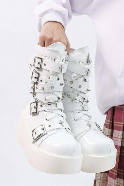 Pastel Goth White Motorcycle Boots - Y2K Grunge, 90s Fashion, Retro Style, Y2K Outfits
