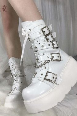 Pastel Goth White Motorcycle Boots - Y2K Grunge, 90s Fashion, Retro Style, Y2K Outfits