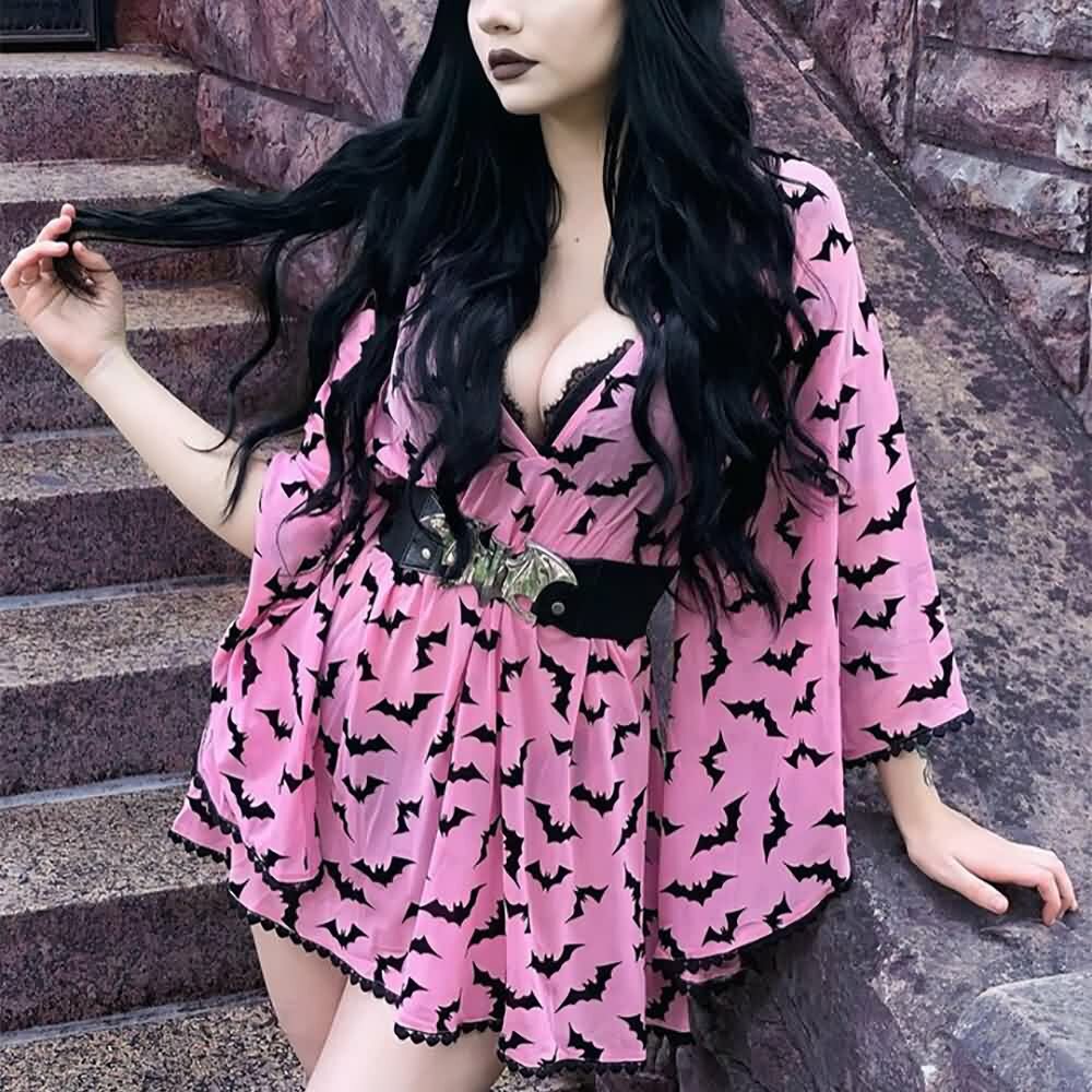 Pastel Pink Goth Bat Dress - Y2K Summer Grunge Outfit, 90s Fashion, Retro Style