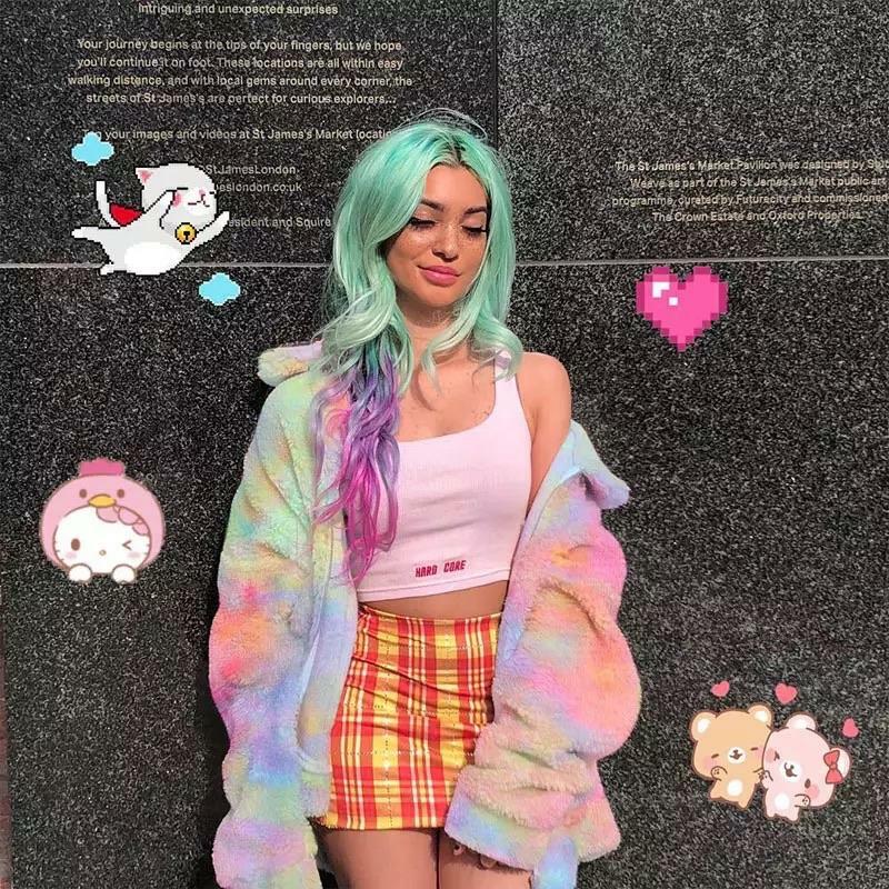 Pastel Rainbow Teddy Jacket - Y2K Summer Grunge, 90s Retro, Pastel Goth, Y2K Party Outfit