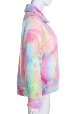 Pastel Rainbow Teddy Jacket - Y2K Summer Grunge, 90s Retro, Pastel Goth, Y2K Party Outfit