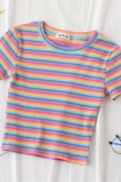 Pastel Striped Crop Top - Y2K Summer, 90s Fashion, Grunge, Retro, Y2K Party Outfit
