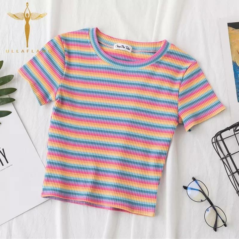 Pastel Striped Crop Top - Y2K Summer, 90s Fashion, Grunge, Retro, Y2K Party Outfit