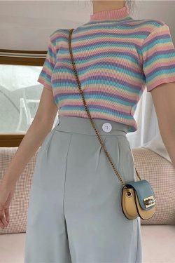 Pastel Striped Crop Top - Y2K Summer, 90s Fashion, Grunge, Retro, Y2K Party Outfit