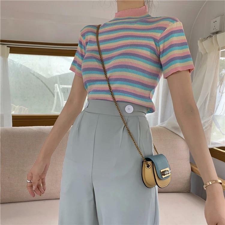 Pastel Striped Crop Top - Y2K Summer, 90s Fashion, Grunge, Retro, Y2K Party Outfit