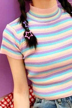 Pastel Striped Crop Top - Y2K Summer, 90s Fashion, Grunge, Retro, Y2K Party Outfit