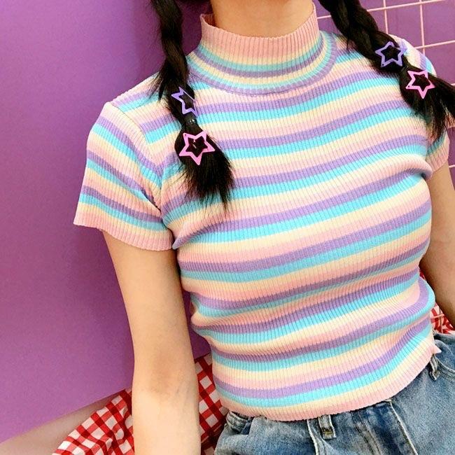 Pastel Striped Crop Top - Y2K Summer, 90s Fashion, Grunge, Retro, Y2K Party Outfit