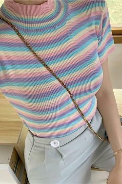 Pastel Striped Crop Top - Y2K Summer, 90s Fashion, Grunge, Retro, Y2K Party Outfit