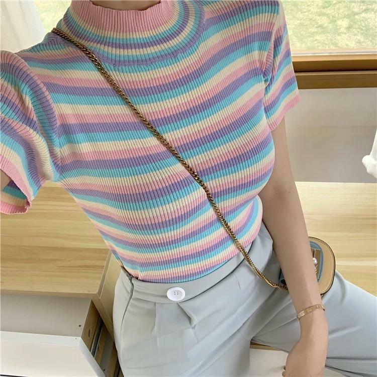 Pastel Striped Crop Top - Y2K Summer, 90s Fashion, Grunge, Retro, Y2K Party Outfit