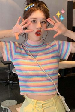 Pastel Striped Crop Top Tee - Y2K Summer, 90s Fashion, Grunge, Retro, Baby Tees, Y2K