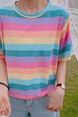Pastel Striped T-Shirt - Y2K Summer Outfit, 90s Fashion, Grunge, Retro Style, Baby Tees Y2K