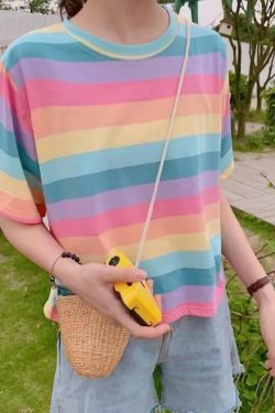 Pastel Striped T-Shirt - Y2K Summer Outfit, 90s Fashion, Grunge, Retro Style, Baby Tees Y2K