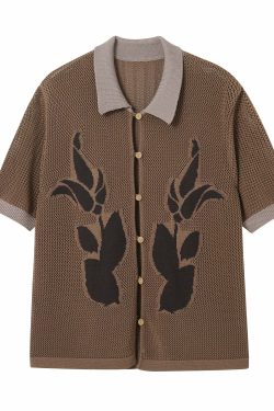 PHYSBOY Retro Leaf Crochet Button-Up - Y2K Summer, 90s Grunge, Pastel Goth, Y2K Party Outfit