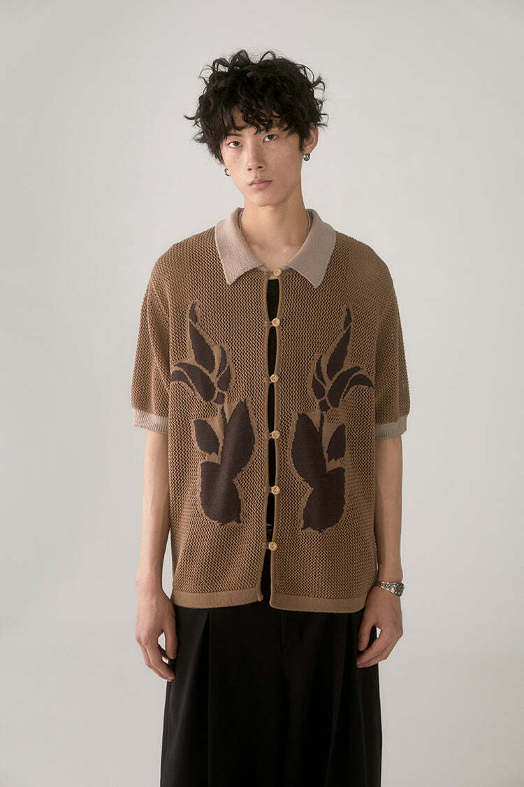 PHYSBOY Retro Leaf Crochet Button-Up - Y2K Summer, 90s Grunge, Pastel Goth, Y2K Party Outfit