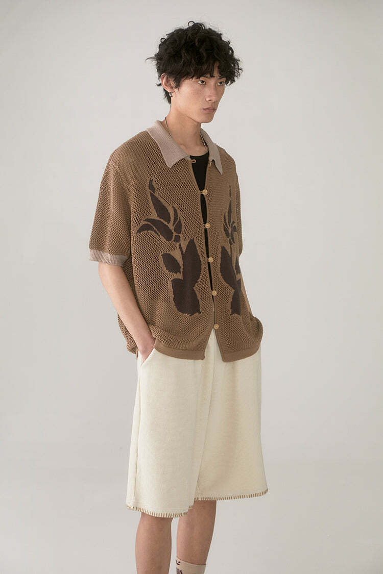 PHYSBOY Retro Leaf Crochet Button-Up - Y2K Summer, 90s Grunge, Pastel Goth, Y2K Party Outfit
